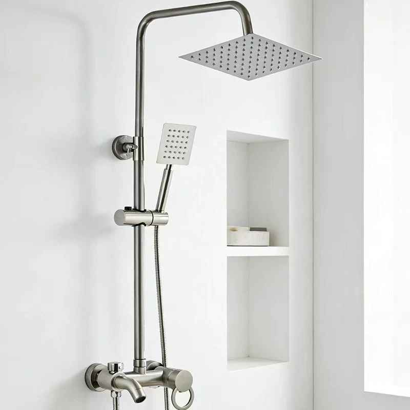 Square-head wall-mounted shower set - silver finish
