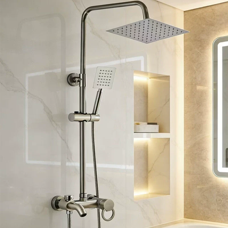 Square-head wall-mounted shower set - brushed silver finish
